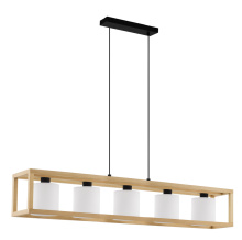 Eglo 390102A - 5 LT Linear Pendant w/ Natural Wood Open Frame & White Fabric Shades