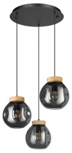 Eglo 390319A - 3 LT Cascade Pendant Black w/ Wood Accent Finish & Chrome Smoked Glass Shade