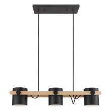 Eglo 43045A - 3 LT Linear Pendant w/ a Black & Wood Finish & Metal Black Shades