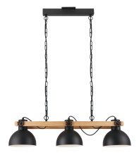 Eglo 43163A - 3 LT Linear Pendant w/ Black Finish & Black w White Interior Metal Shades w/ Wood Accent