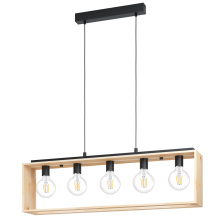 Eglo 43414A - 5 LT Open Bulb Linear Pendant w/ Black Finish & Natural Wood Frame