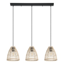 Eglo 43867A - 3 LT Linear Pendant w/ Black Finish & Natural color Ratan Shades
